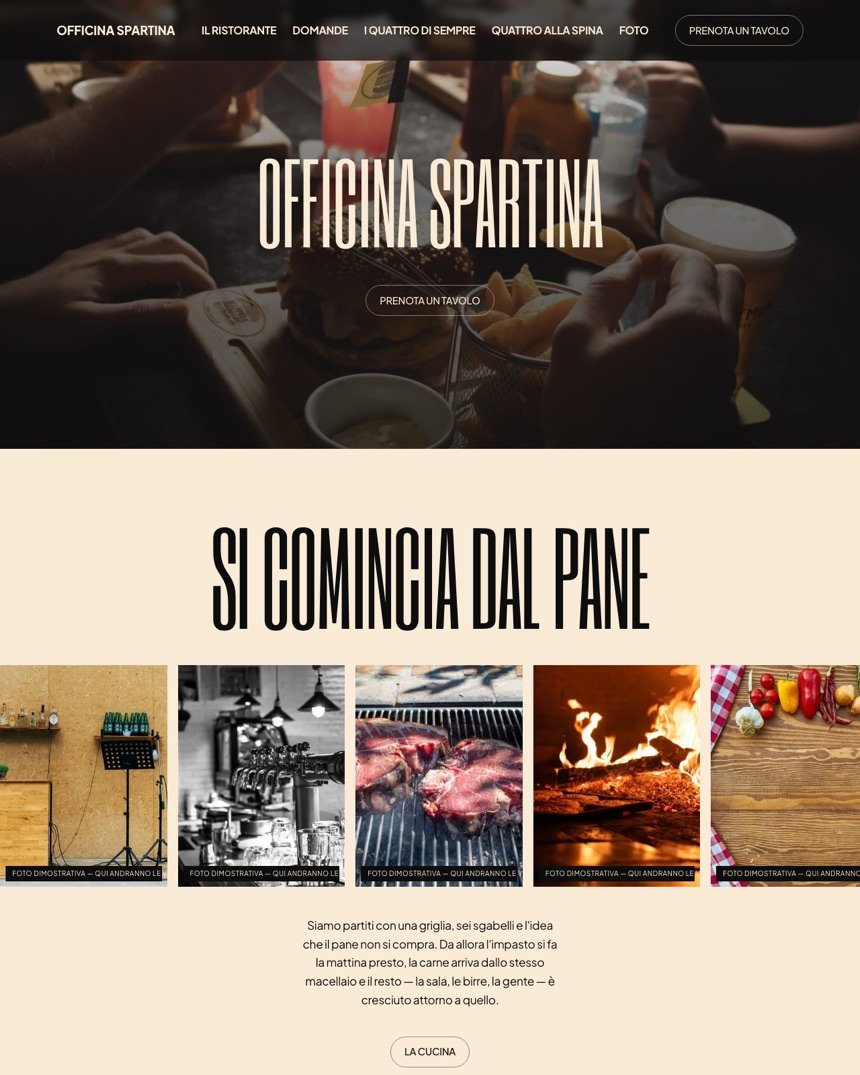 Signature Template per ristoranti: la prima schermata di un sito dimostrativo, con la foto a tutta pagina di un tavolo visto mentre si mangia — mani, un panino nel cestino, i bicchieri — il nome del locale scritto sopra in grandi lettere crema e il tasto per prenotare un tavolo