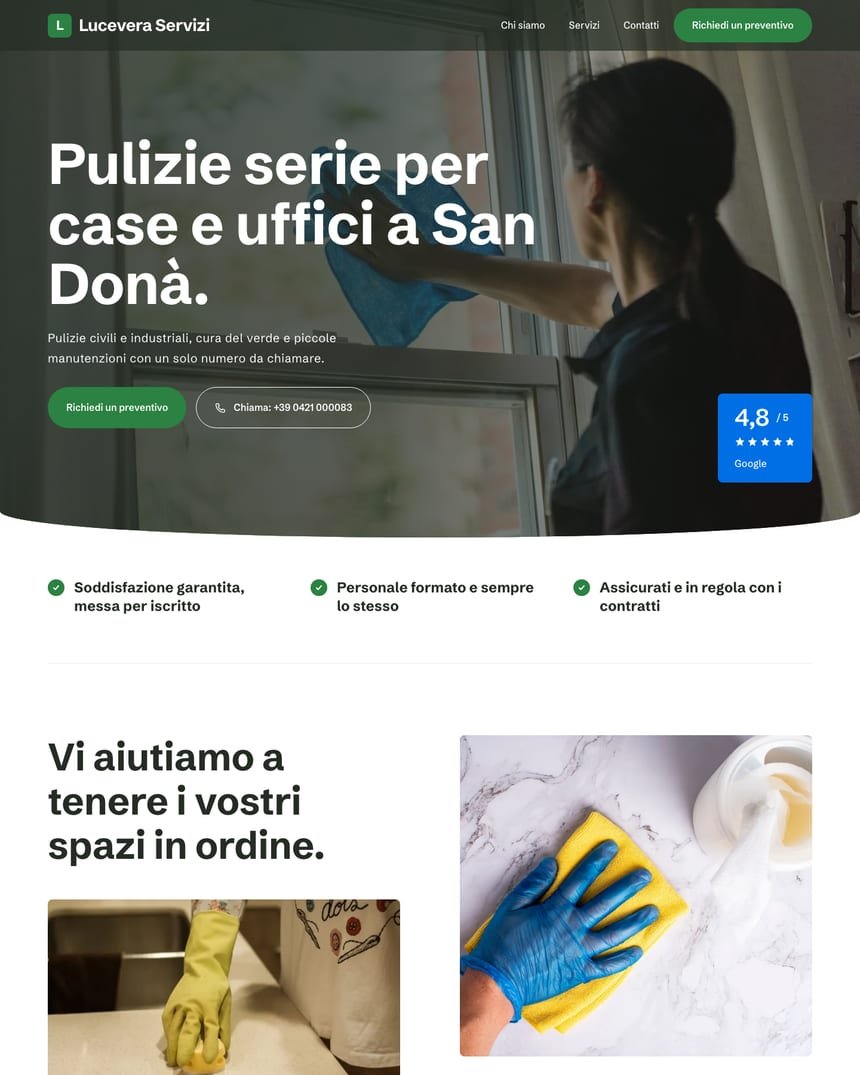 Signature Template per imprese di servizi generali: la prima schermata di un sito dimostrativo &mdash; la foto a tutta pagina di una persona che pulisce una finestra, chiusa in basso da un arco; sopra il titolo grande in bianco, il tasto verde per chiedere un preventivo e quello per chiamare, e a destra il riquadro blu col voto
